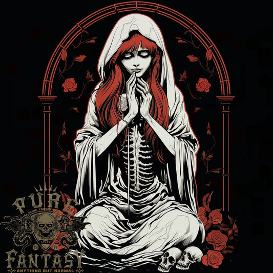Fantasy Anime Girl Praying With Skulls & Roses Mens T-Shirt 100% Cotton