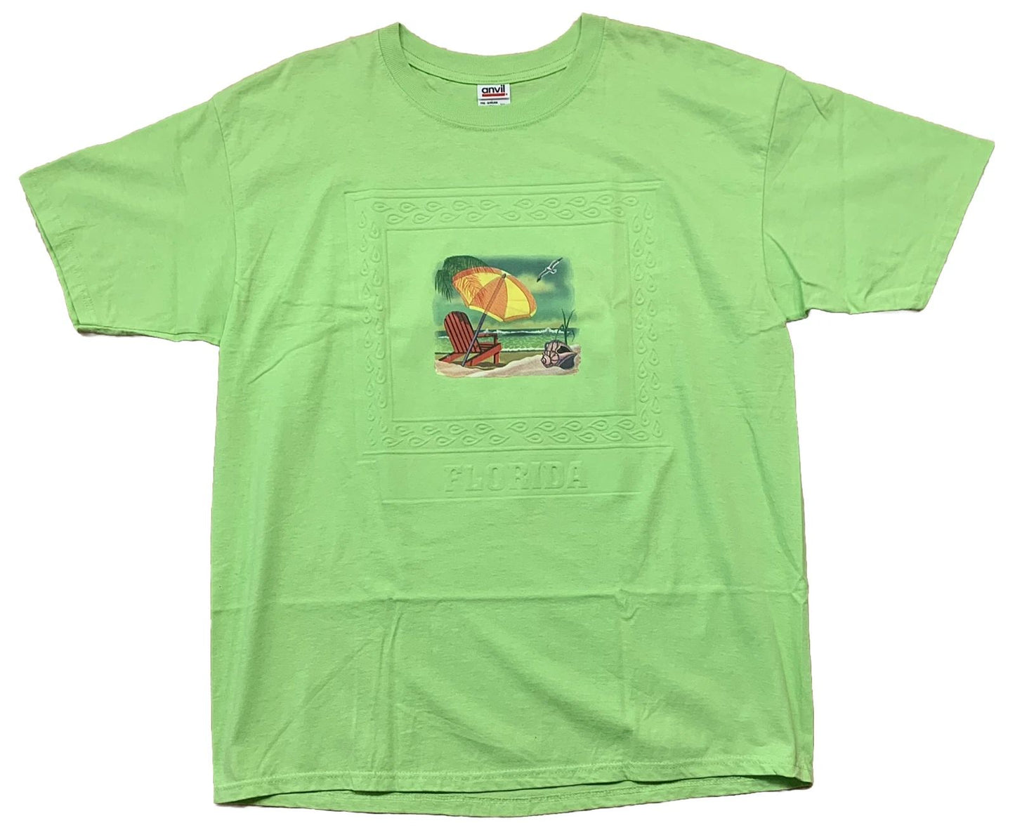 Florida Beach Scene 3D Embossed Letters & Border T-shirt Size XL Lime Green Nice