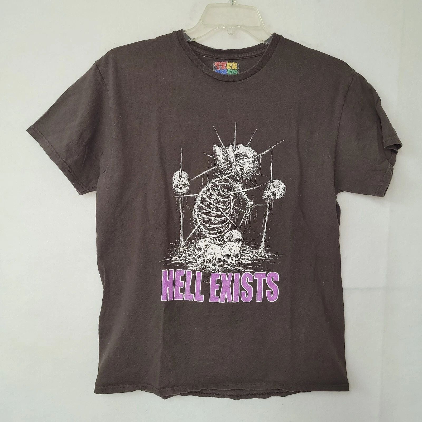 Teen Hearts Hell Exists Skeleton Skull Graphic T-Shirt Mens Large Brown Goth Alt
