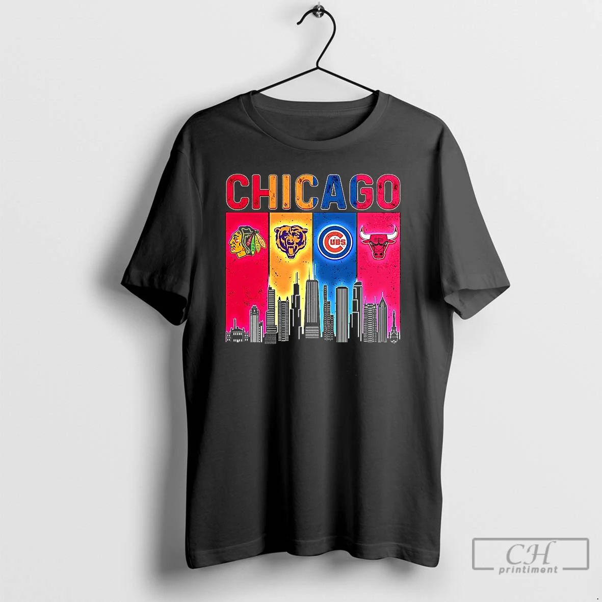 Premium Chicago Sports Teams Blackhawks Bears Cubs Bulls Skyline T Shirts