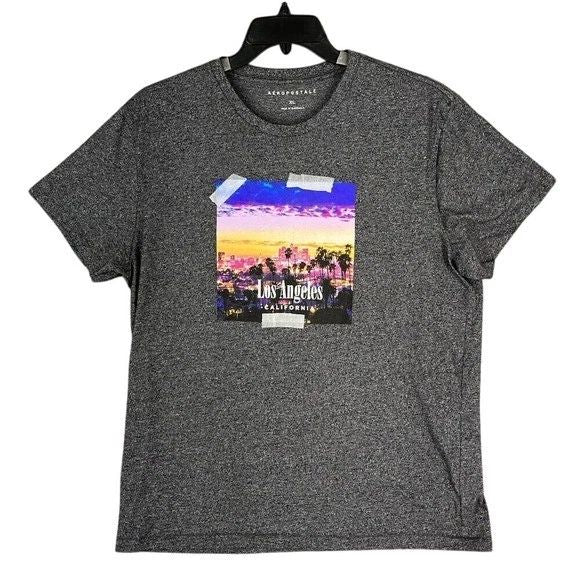 Aeropostale Mens XL Graphic Tee LA Skyline Sunset Print Gray Crewneck Streetwear