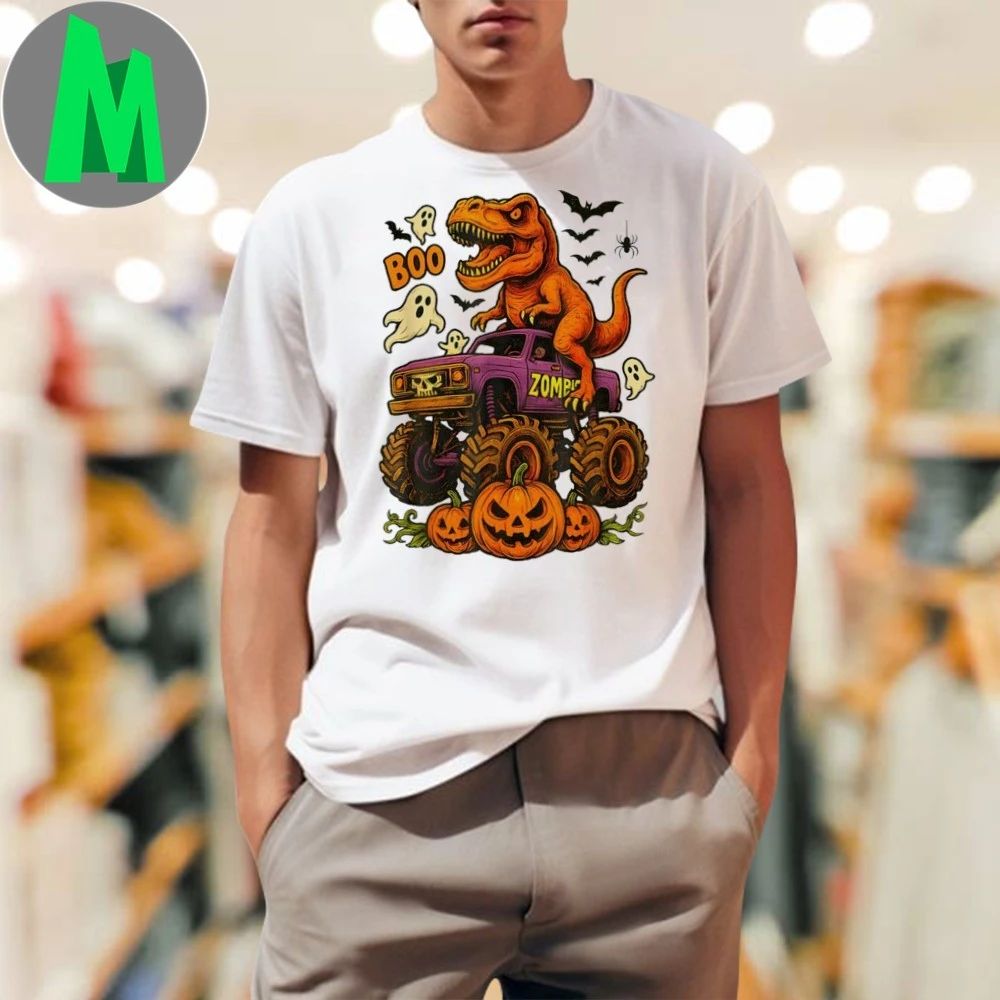 Halloween T Rex Dinosaur Monster Truck Boo Ghost Pumpkin Shirt