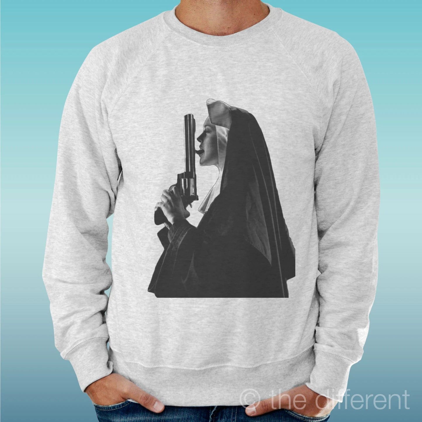 Felpa Man Light Sweater Light Grey " Nun Gun Funny Hot "