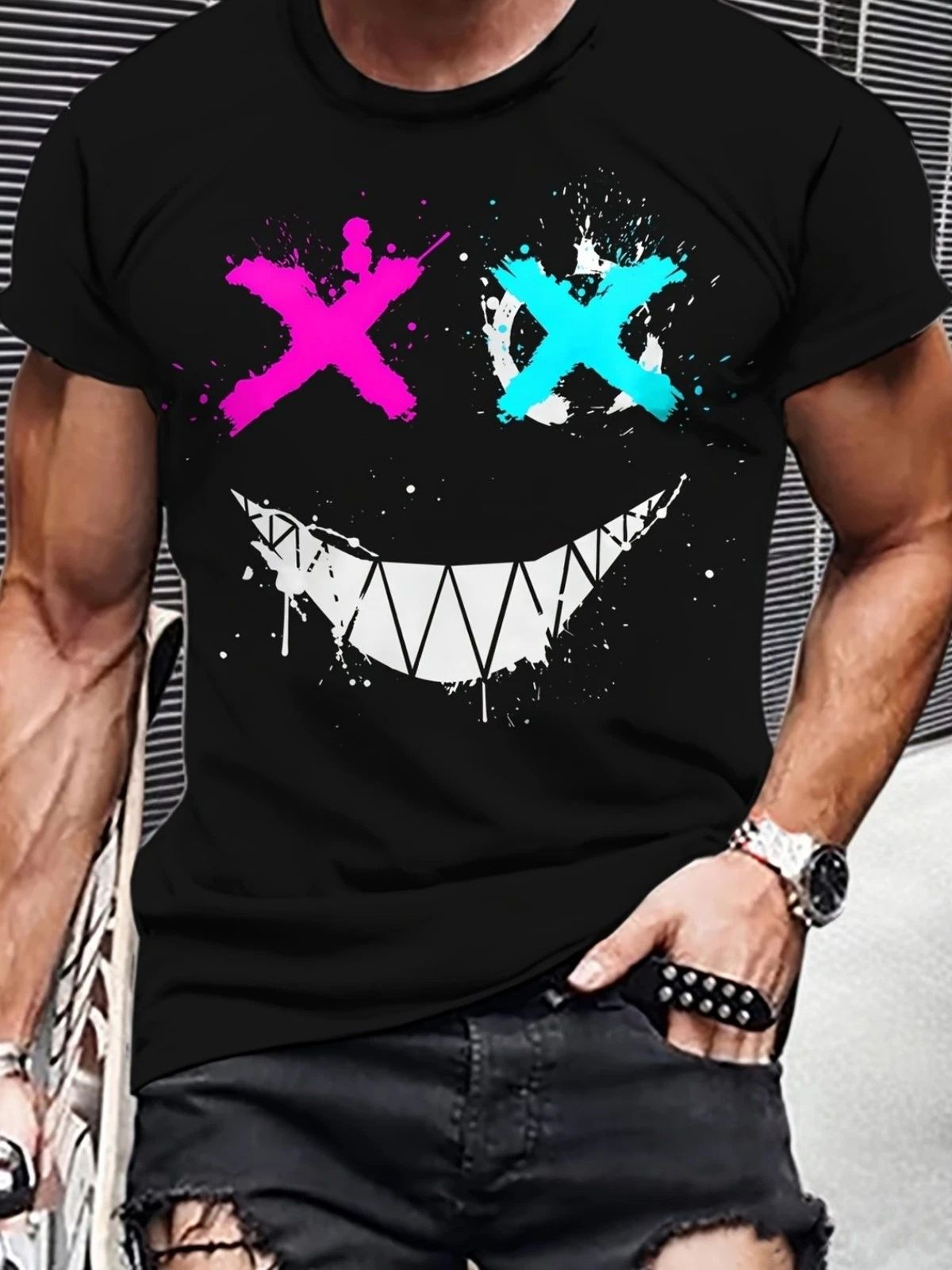Funny Skull Smile Graphic T-Shirt Neon X Eyes Streetwear Punk Tee
