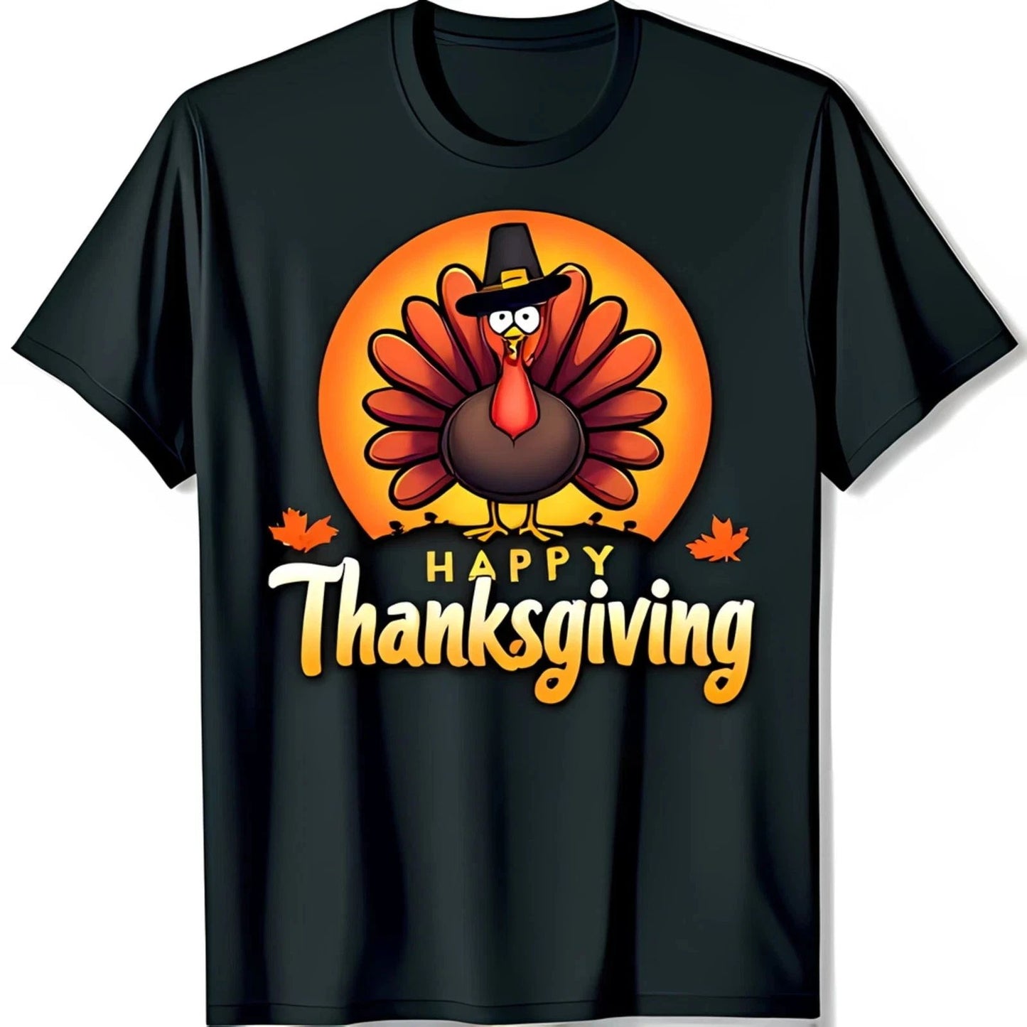 Happy Thanksgiving Cute Cartoon Turkey Black T-Shirt With Festive Design S-3XL