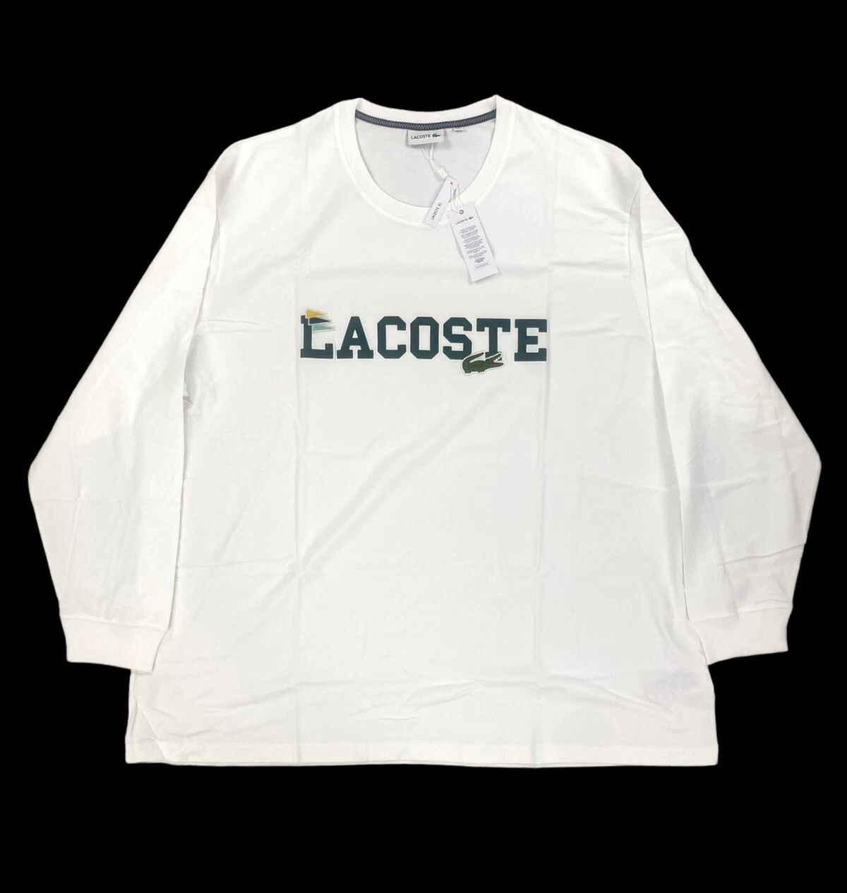 NEW Lacoste Big & Tall Graphic Croc Crew Long Sleeve Mens T Shirt White Green