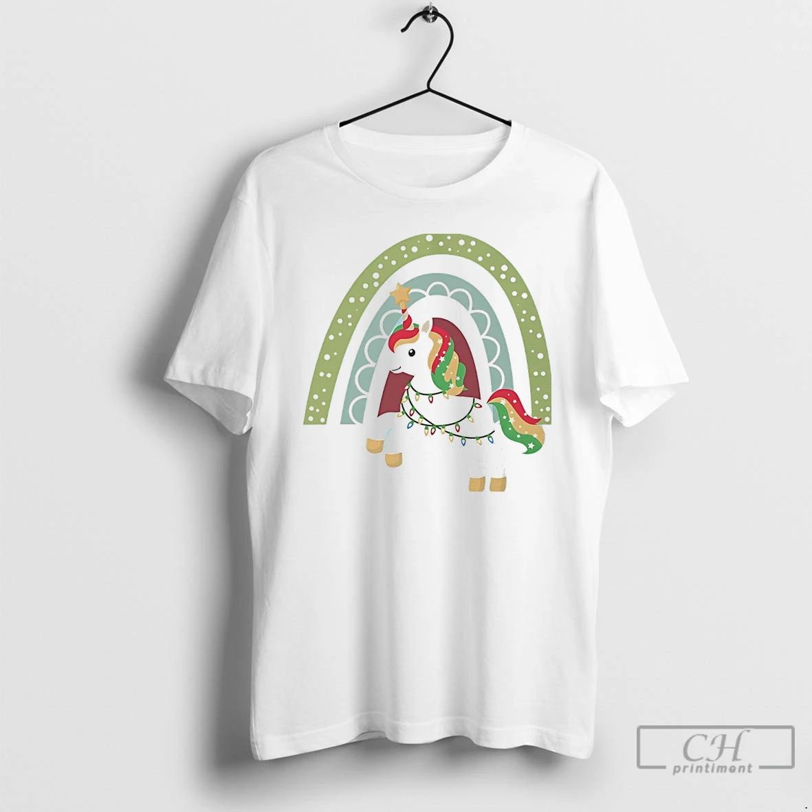 Classic Rainbow Lights Unicorn Christmas White T Shirts