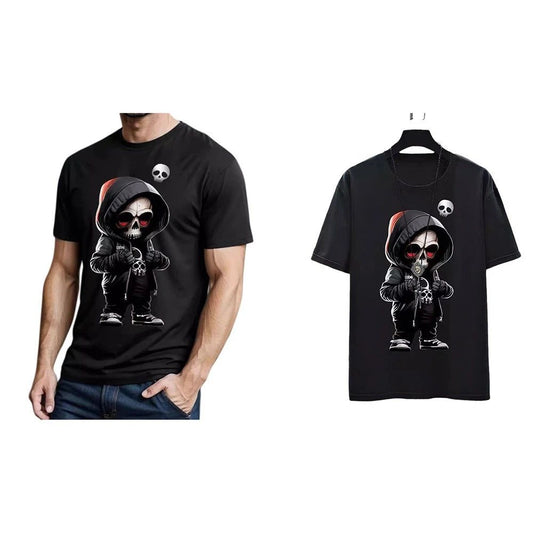 Mens breathable polyester black printed t shirt loose fit street style
