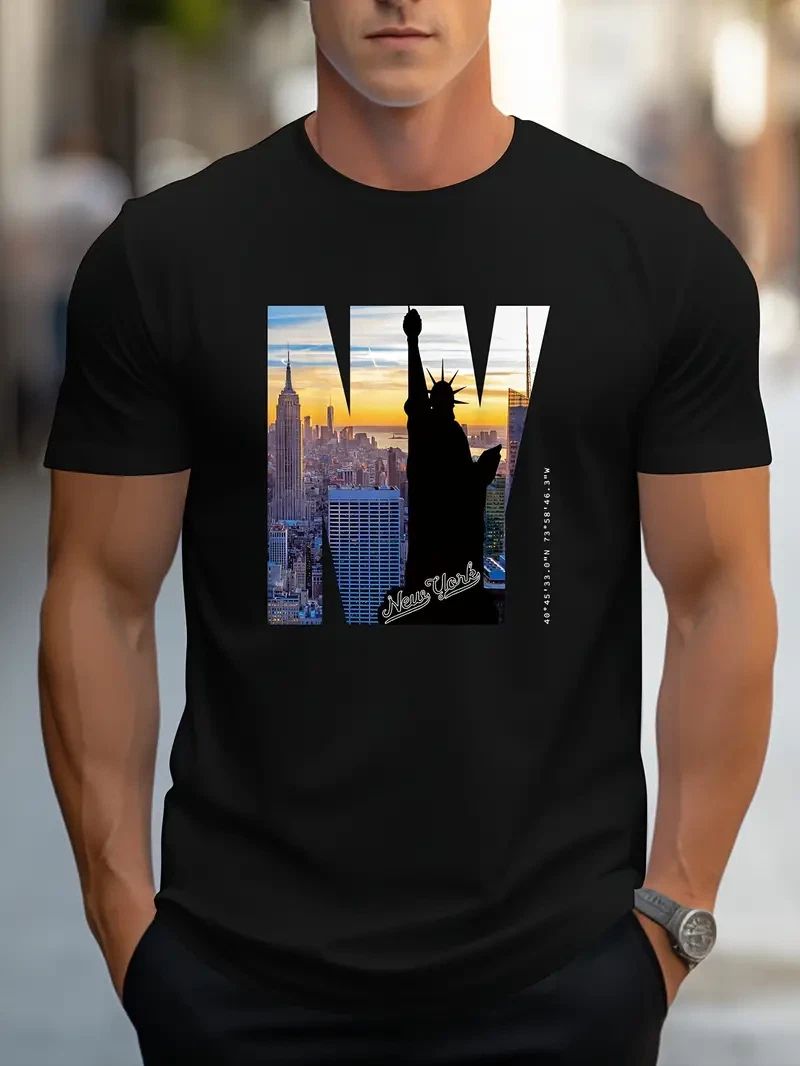 Men Stylish NYC-Inspired T-Shirt Patriotic Print Short Sleeve Breathable Black