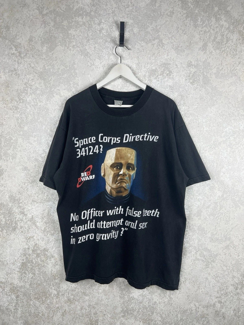 Vintage 90s Red Dwarf T-Shirt Kryten Sci-Fi TV Promo, Faded Black, Size XL