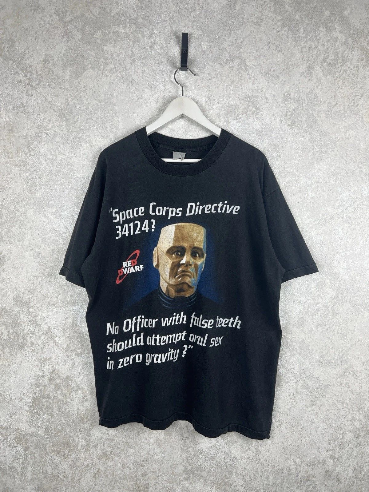 Vintage 90s Red Dwarf T-Shirt Kryten Sci-Fi TV Promo, Faded Black, Size XL