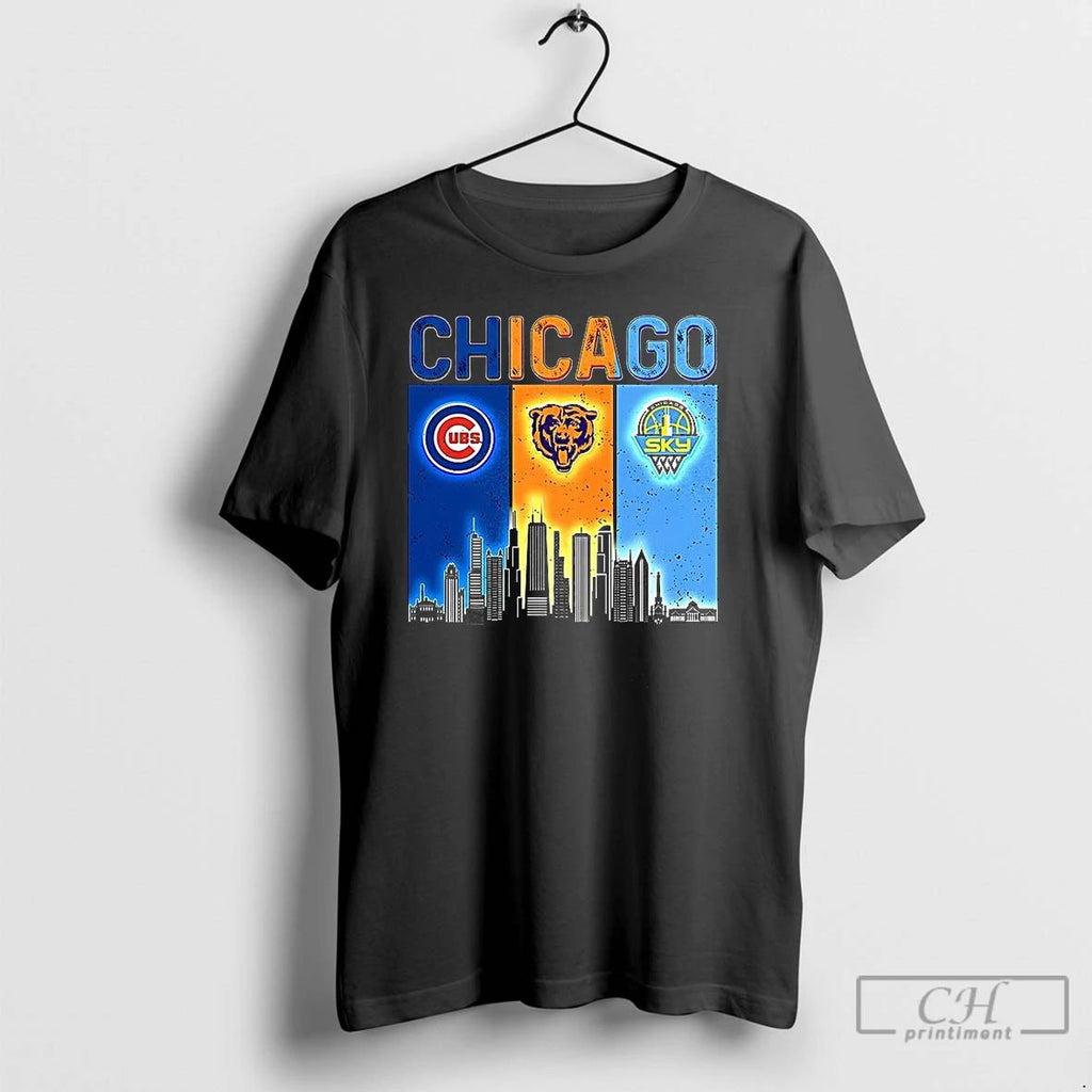 Premium Chicago Sports Teams Cubs Bears Sky Logo Skyline T Shirts