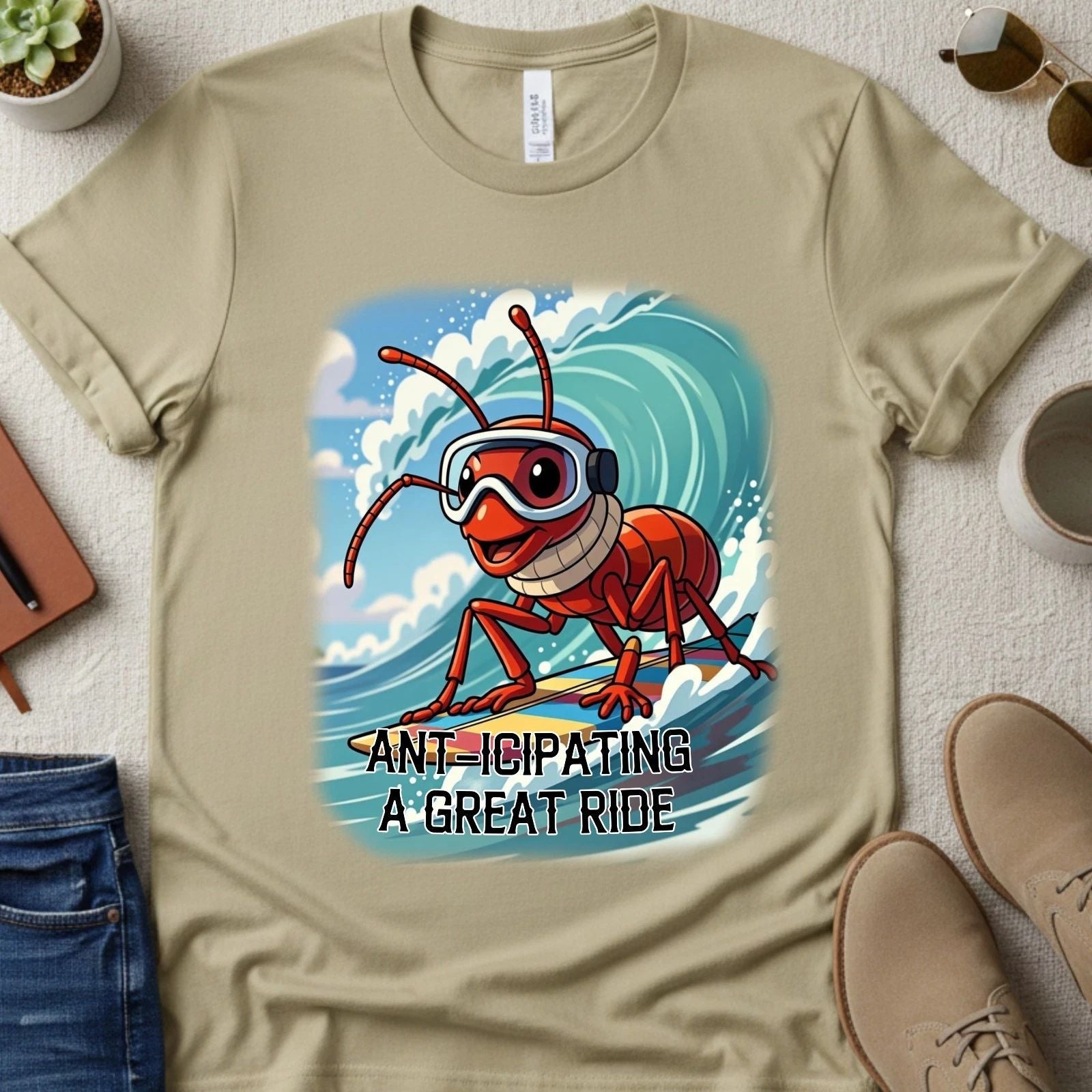 Anticipating a Great Ride Ant Surfing T-Shirt | Surfing Ant Cartoon Comic