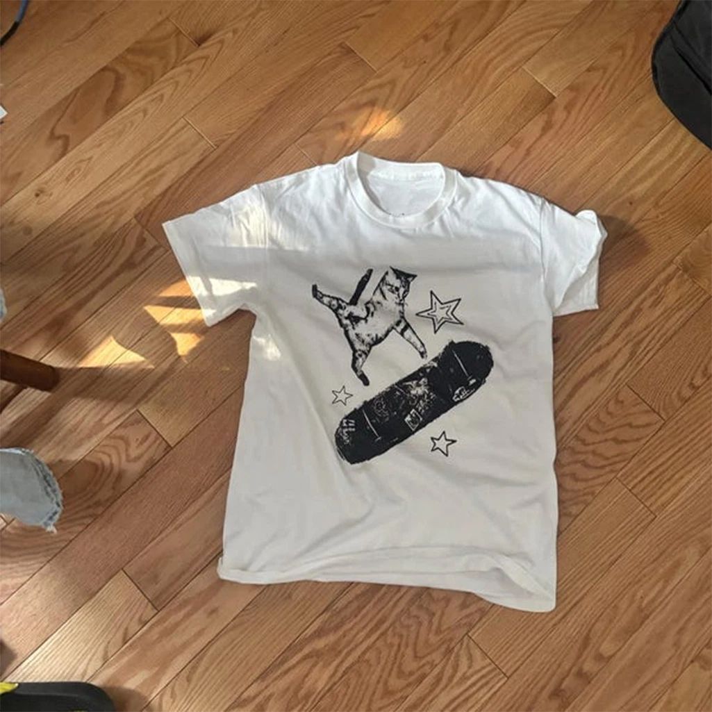skateboard cat Y2K shirt 90s aesthetic vintage kitten Y2K tshirt, rockstar gf ae