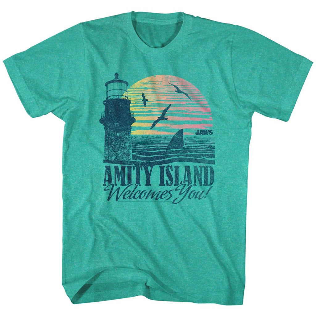 Jaws Vintage Amity Island Welcome Postcard Men's T Shirt Sunset Green Heather