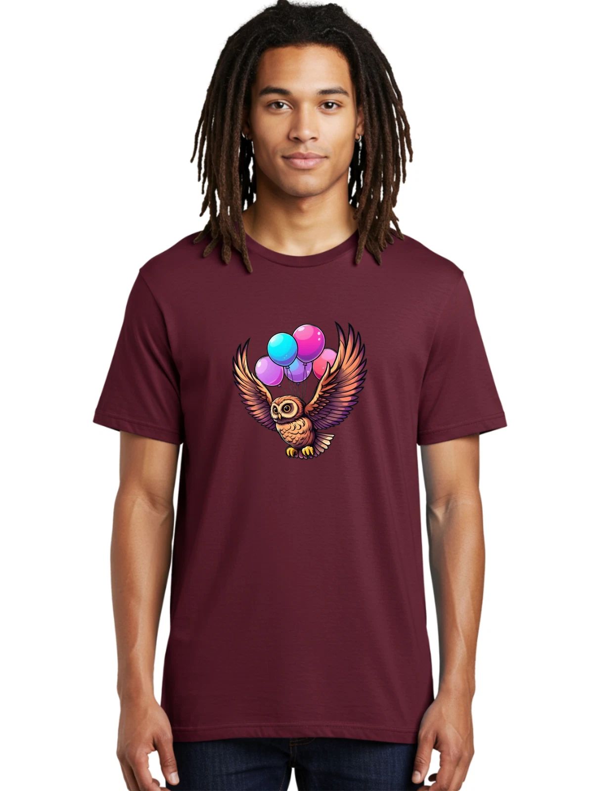 Flying-Owl-With-Balloons Mens Graphic Tee, 100% Cotton, Casual Summer Wear