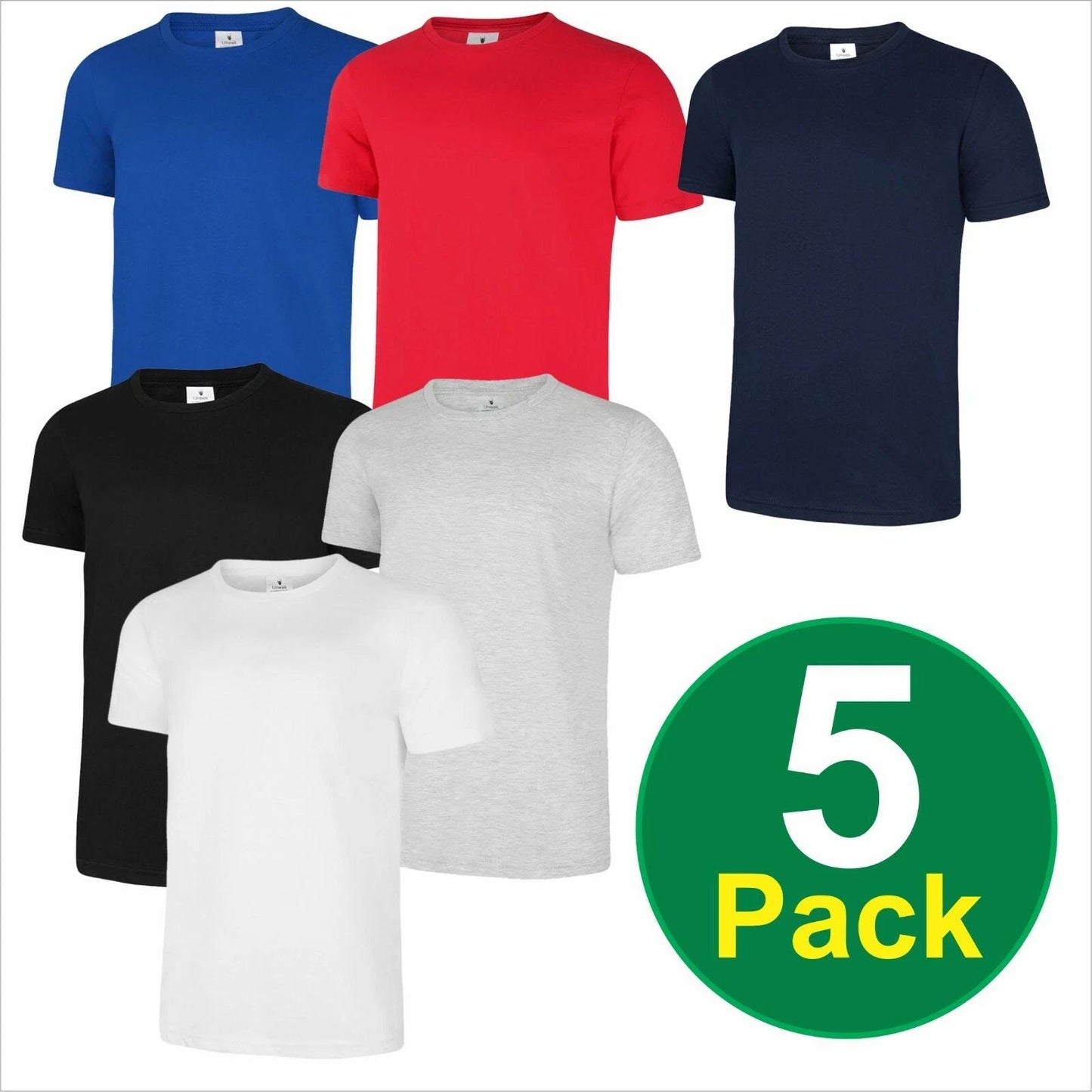 Uneek 5 PACK Unisex Mens Regular T-SHIRT Plain 100% Cotton Blank Tee T shirt TOP