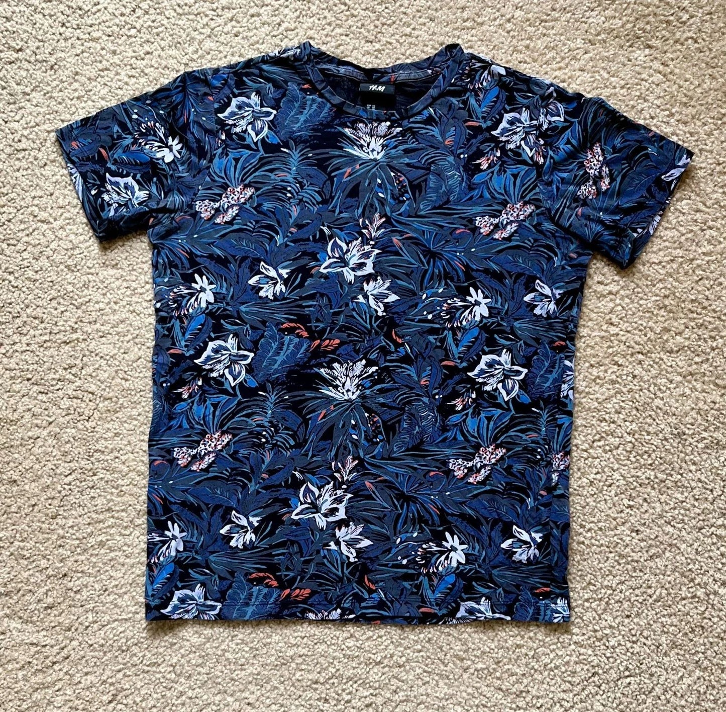 HM H&M Tropical Tonal Blue Summer T-Shirt Men's Black Slim Fit Size XS