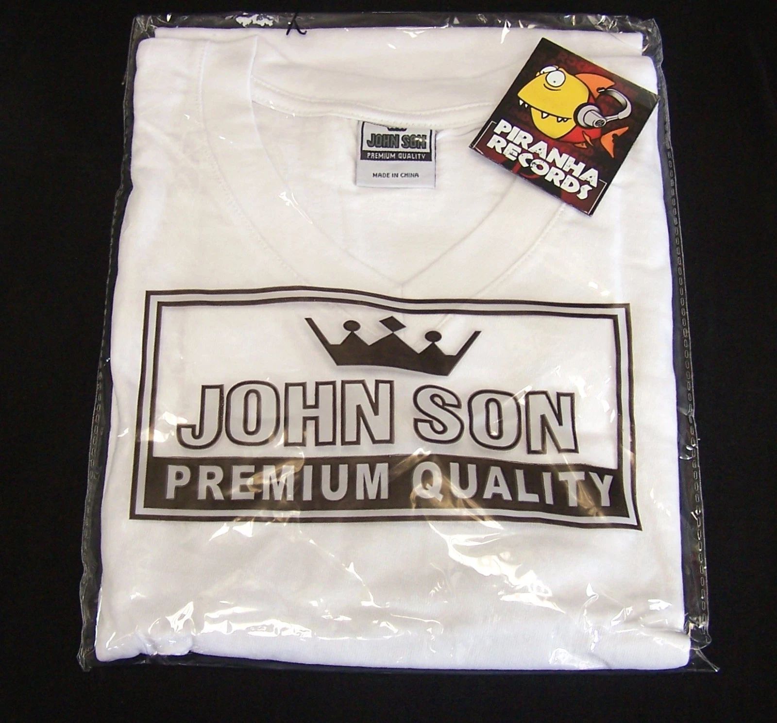 John Son Premium Quality White V-Neck Shirt M-5XL 100% Cotton Piranha Records