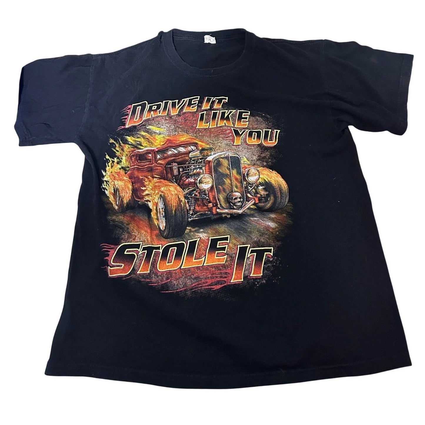 Drive It Like You Stole It graphic tee flames skull car vtg y2k 90s