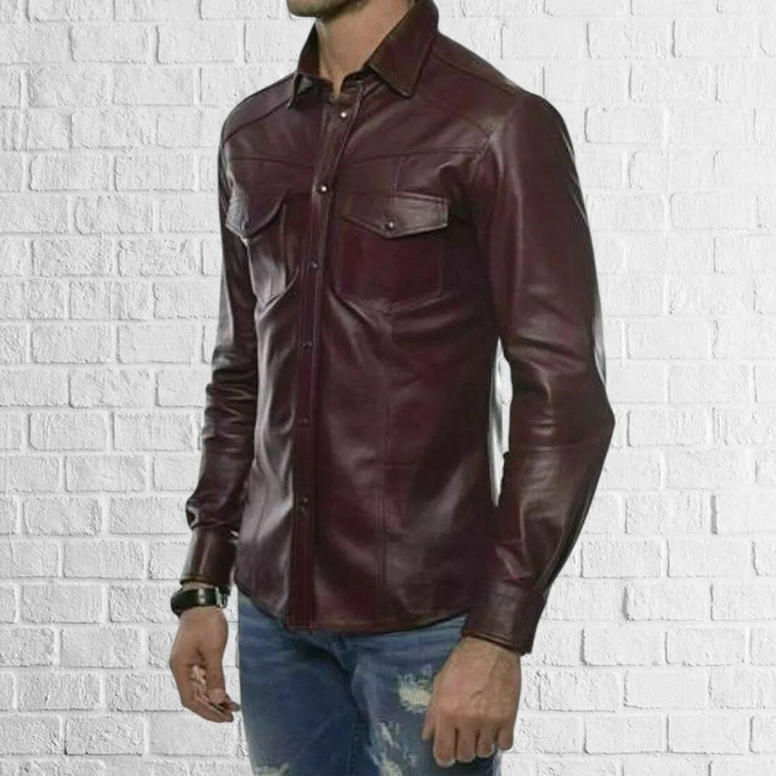 New Men's Genuine Red Lambskin Leather Shirt Jacket Stylish Soft Slim Fit Shirt