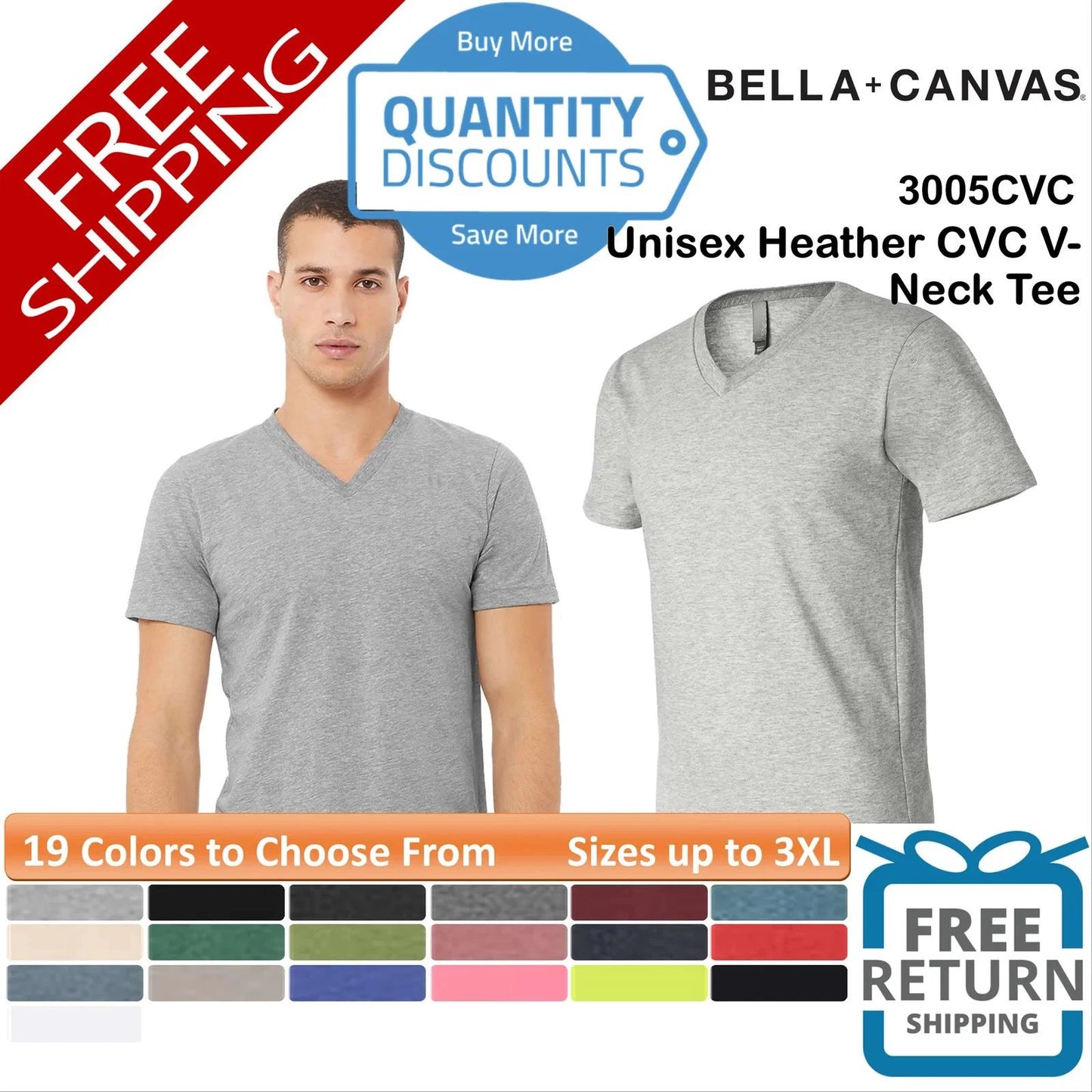 🔥 BELLA + CANVAS Unisex Heather CVC V-Neck Tee Shirt Up To 3XL 3005CVC