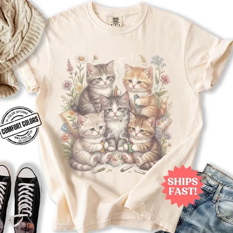 Funny Stoner Cat Smoking Kittens Comfort Tee Shirt Gift Idea