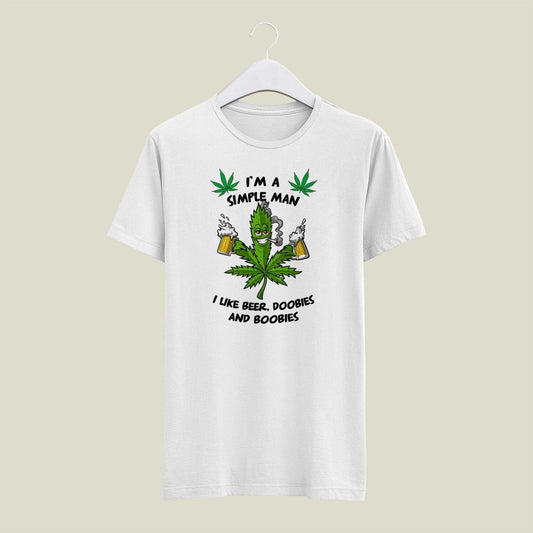 White  LARGE Mens Gildan T Shirt Simple Man Beer Doobies Boobies 420 Weed