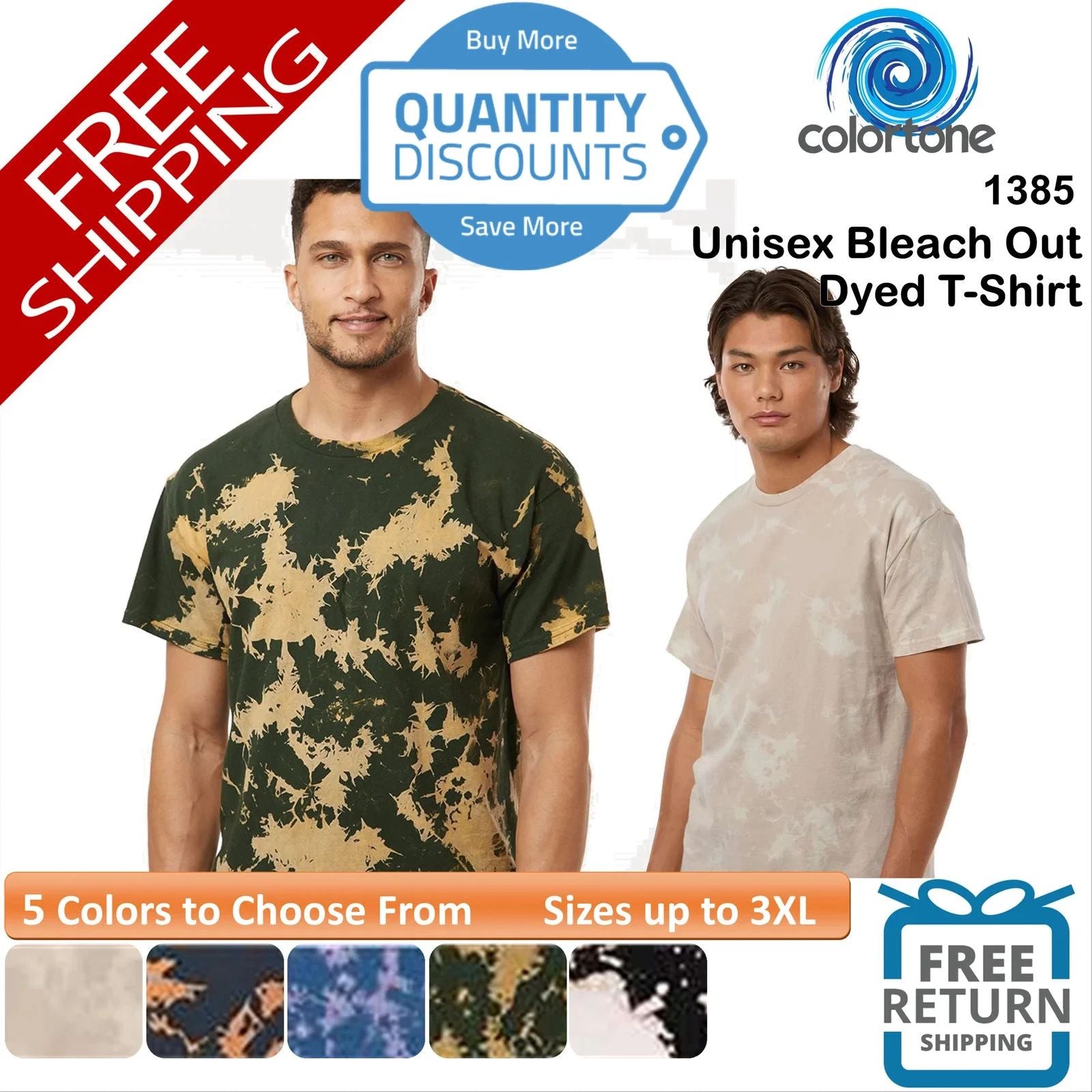 🔥 Colortone Unisex Bleach Out Dyed Cotton Short Sleeve T-Shirt Up To 3XL 1385