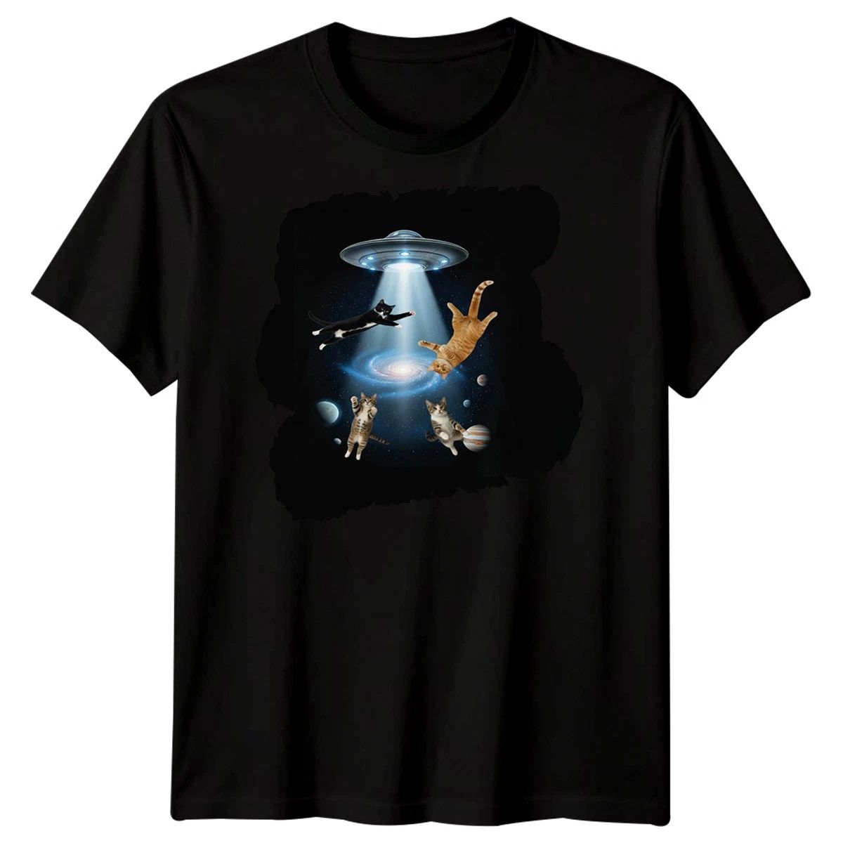 Sci-Fi Alien Abduction Cats UFO Mens T-Shirt Space Galaxy Graphic