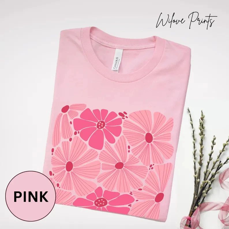 Pink Boho Floral Comfort Tee Soft Casual Shirt Women's Relax