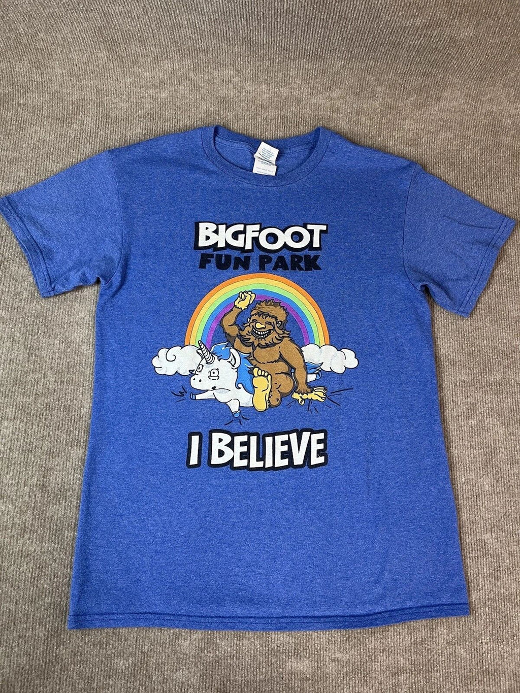 Adult S T Shirt Bigfoot Fun Park Rainbow Unicorn Believe Fantasy Blue Travel