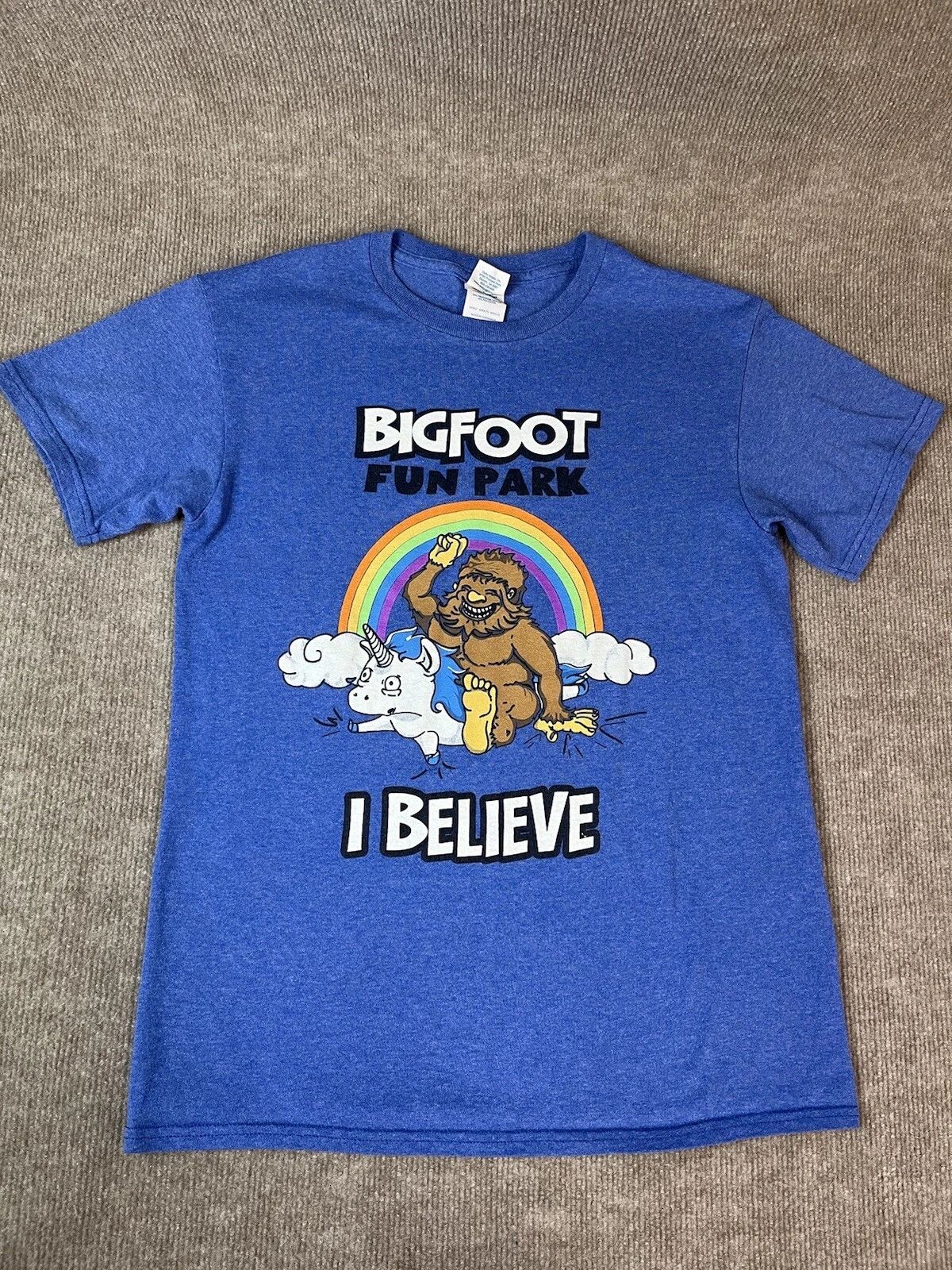 Adult S T Shirt Bigfoot Fun Park Rainbow Unicorn Believe Fantasy Blue Travel