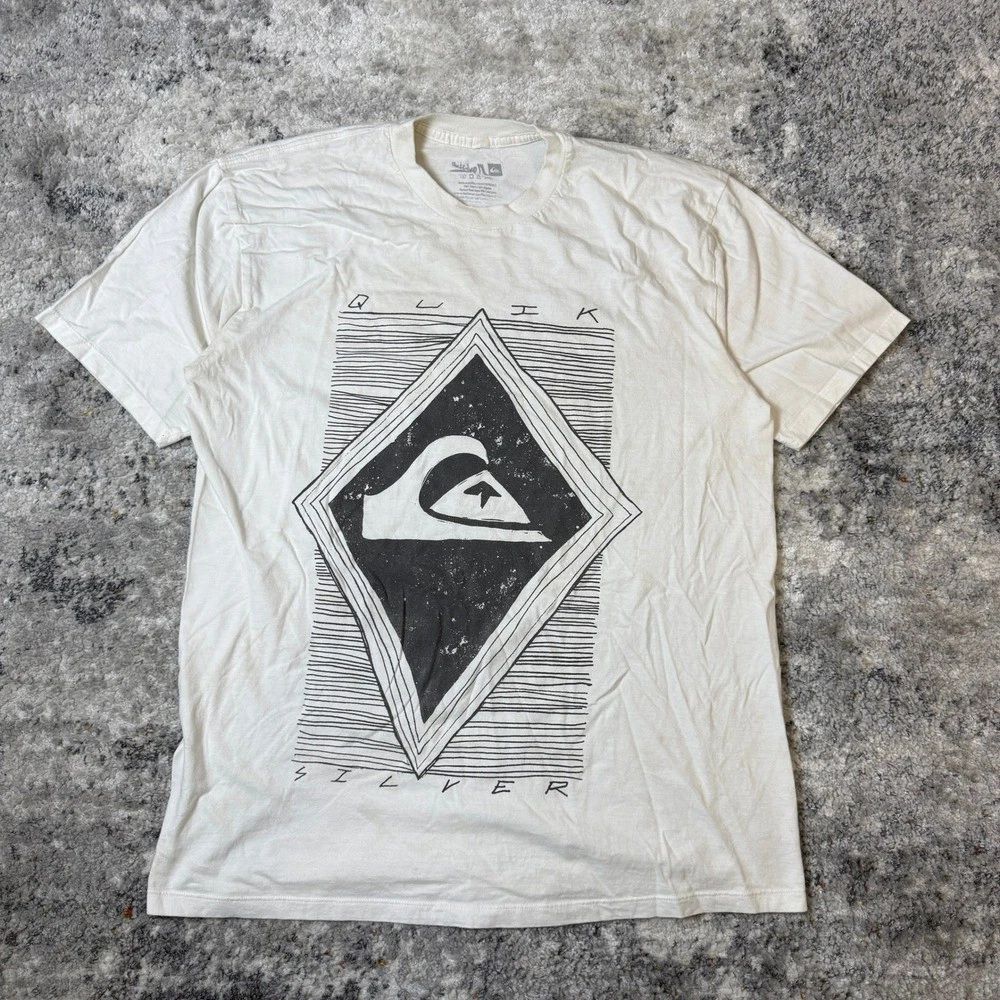 Quiksilver Mens Graphic T-Shirt Cream Off White Wave Logo Surf Skate Size Large