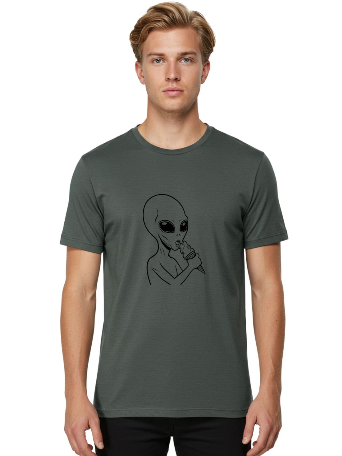 Alien-Eating-Ice-Cream-4 Mens Graphic Tee, 100% Cotton, Casual Summer Wear