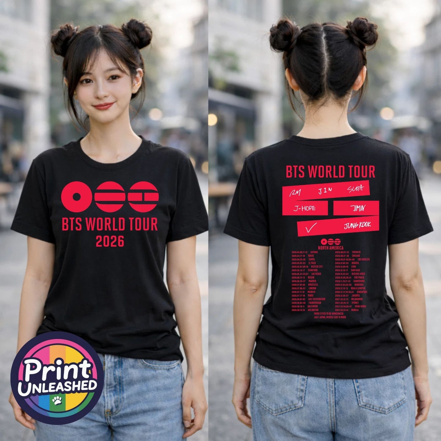 KPOP Premium Printed T-Shirt BTS Tour 2026 Front & Back Black Child Adult Teen