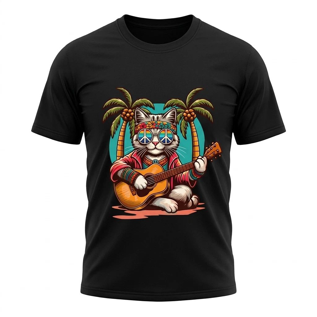 Hippie Cat Guitar Peace Sunglasses Double Sided T-Shirt Summer Boho Men Tee
