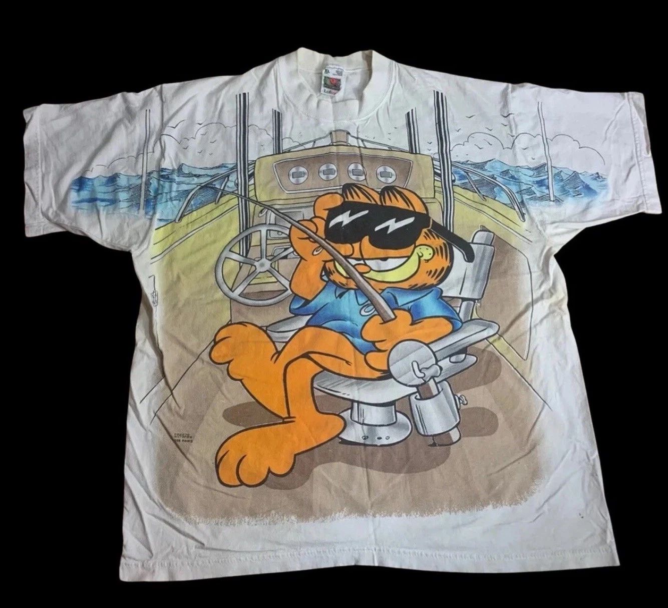 VTG 90’s Garfield The Cat Boat Fishing Odie Paws Double sided T Shirt Size XL