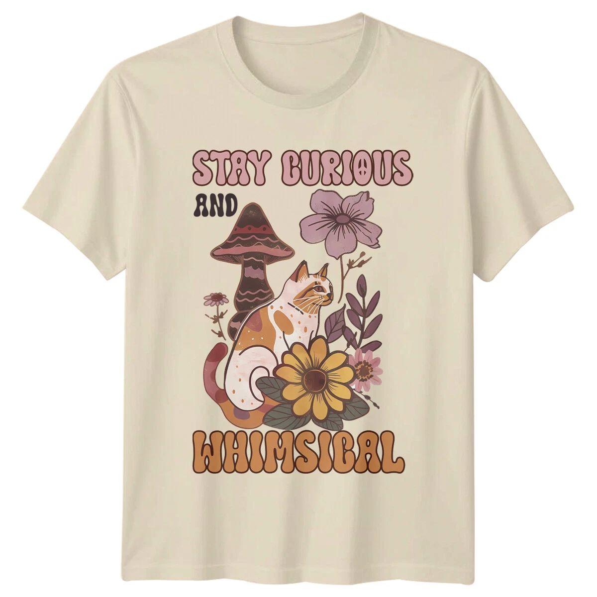 Stay Curious Whimsical Cat Hippie Nature Graphic T-Shirt