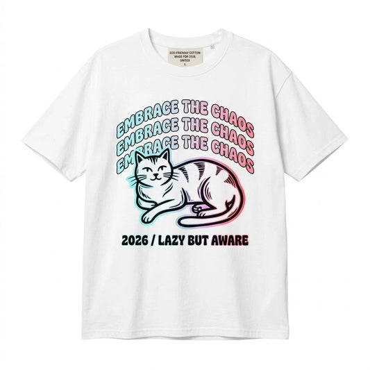 Funny Cat T-Shirt Embrace The Chaos Lazy But Aware Retro Glitch Graphic Tee