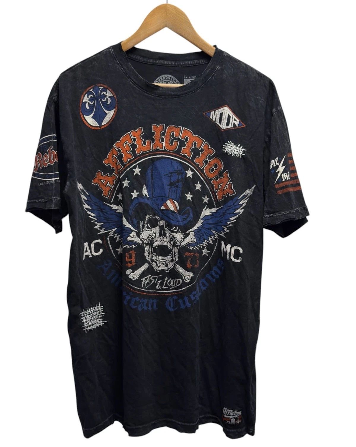Affliction Mens XL American Customs Live Fast Skull Crossbones Black T-Shirt USA