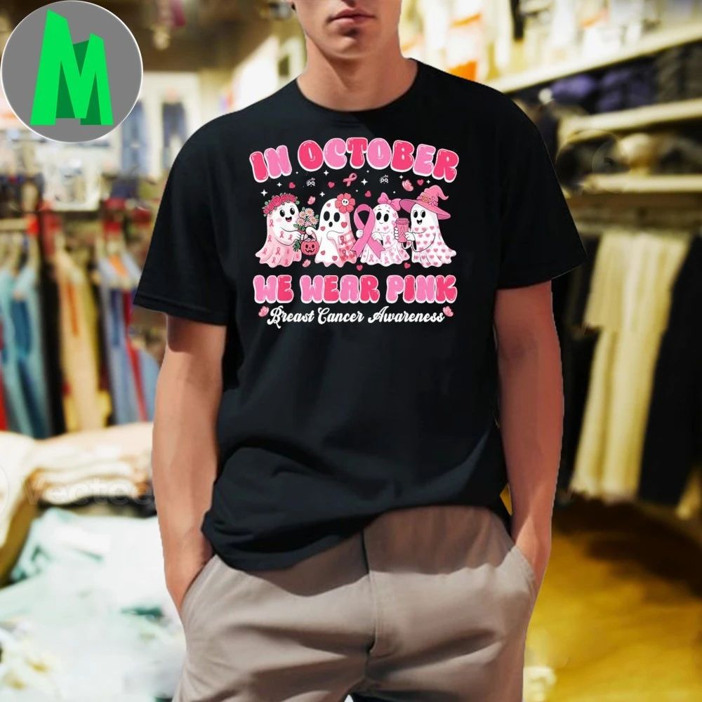 In October We Wear Pink Ghost Breast Cancer Halloween Shirt