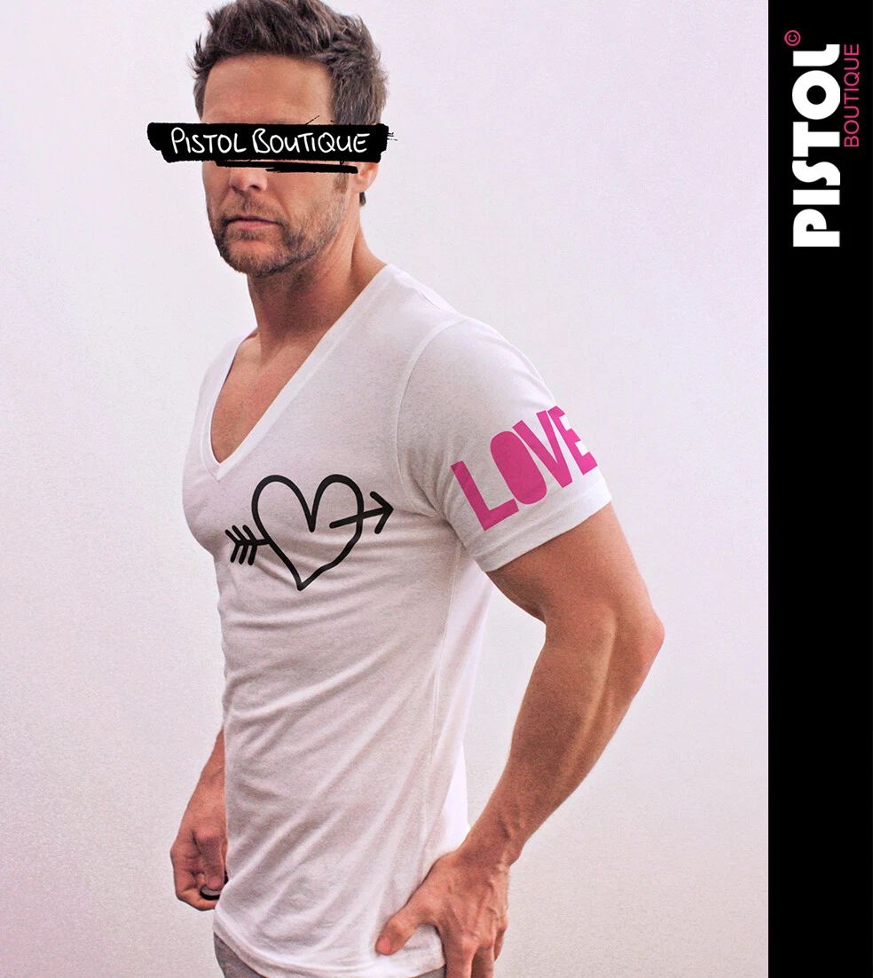 Pistol Boutique Men's Fitted White Deep V neck LOVE Sleeve ARROW HEART T-shirt
