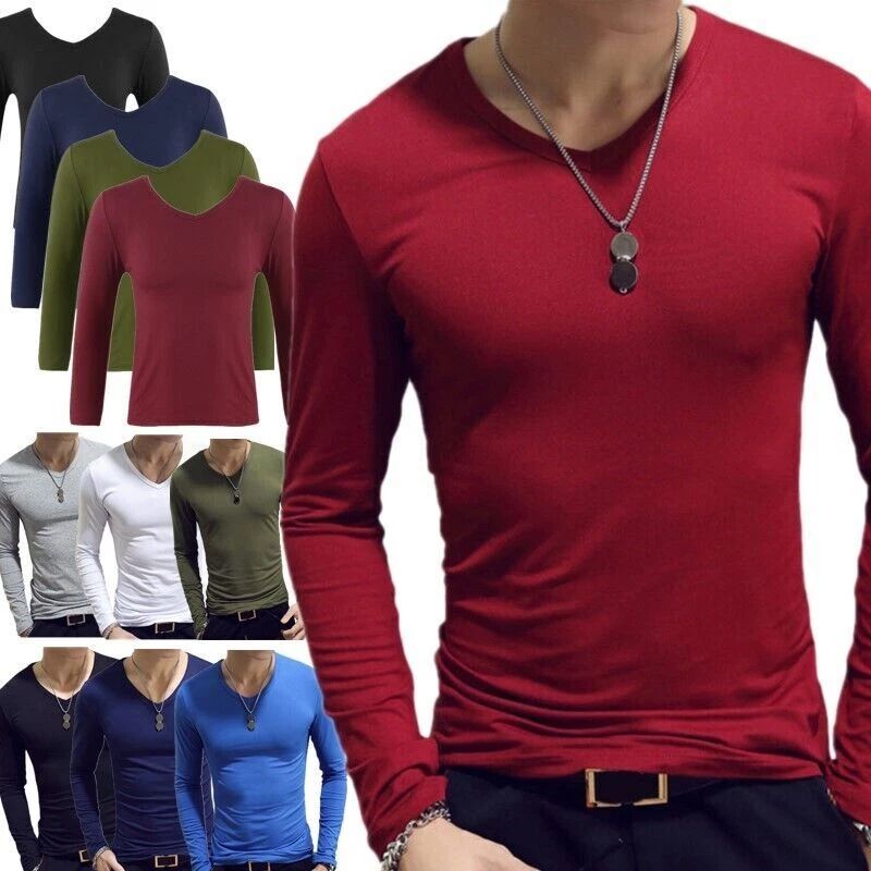 Men's Thermal Underwear Top Long Sleeve Compression Shirts V-Neck Base Layer Top