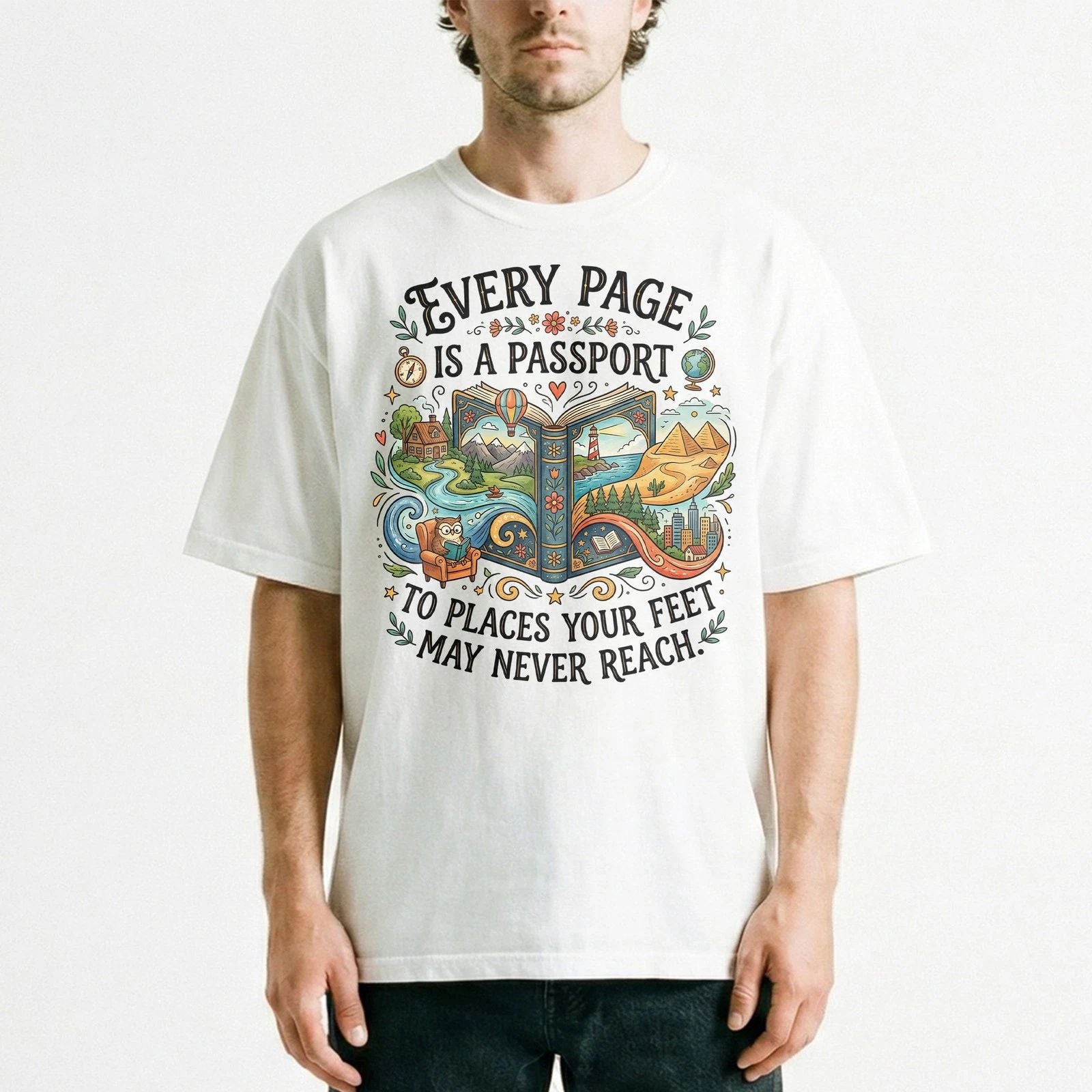 Open Book World Travel Vintage Graphic T-Shirt Reader Explorer Journey Gift Tee