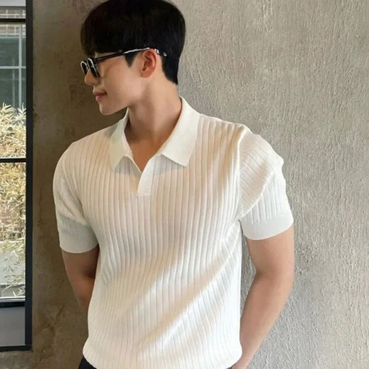 Men's Trendy Polo Shirt Summer Knit Casual Korean Style Short Sleeve Top
