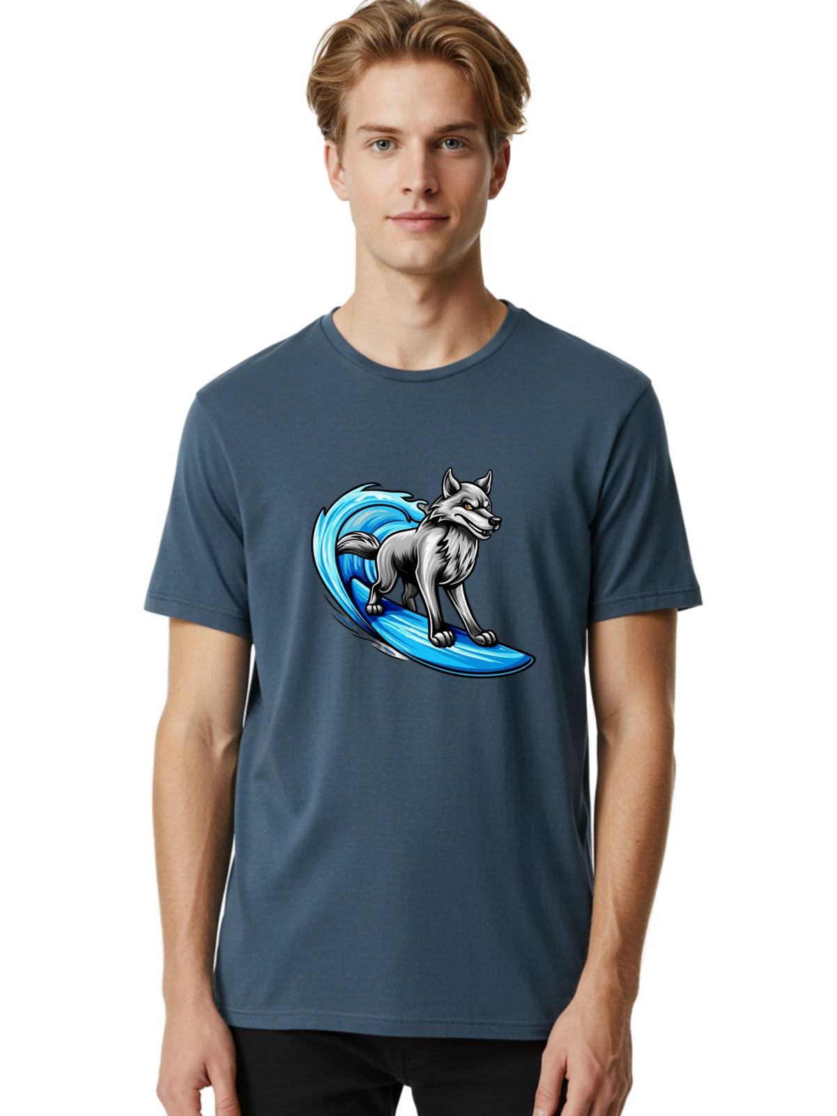 Wolf-Surfing-2 Mens Graphic Tee, 100% Cotton, Casual Summer Wear