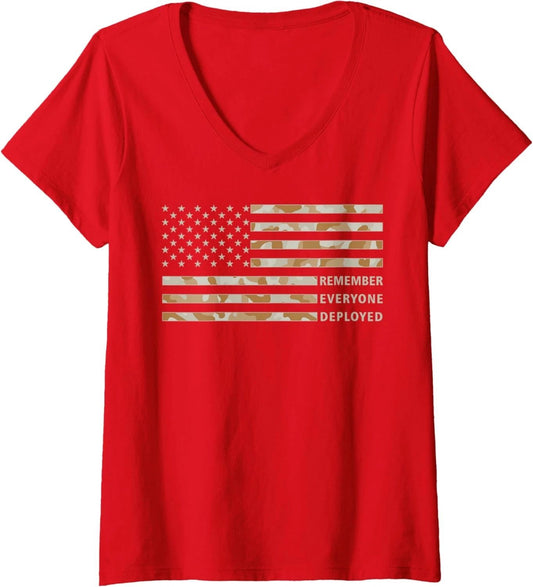 RED Friday Remember Everyone Deployed Military Camo Flag T Ladies' V-Neck Tshirt