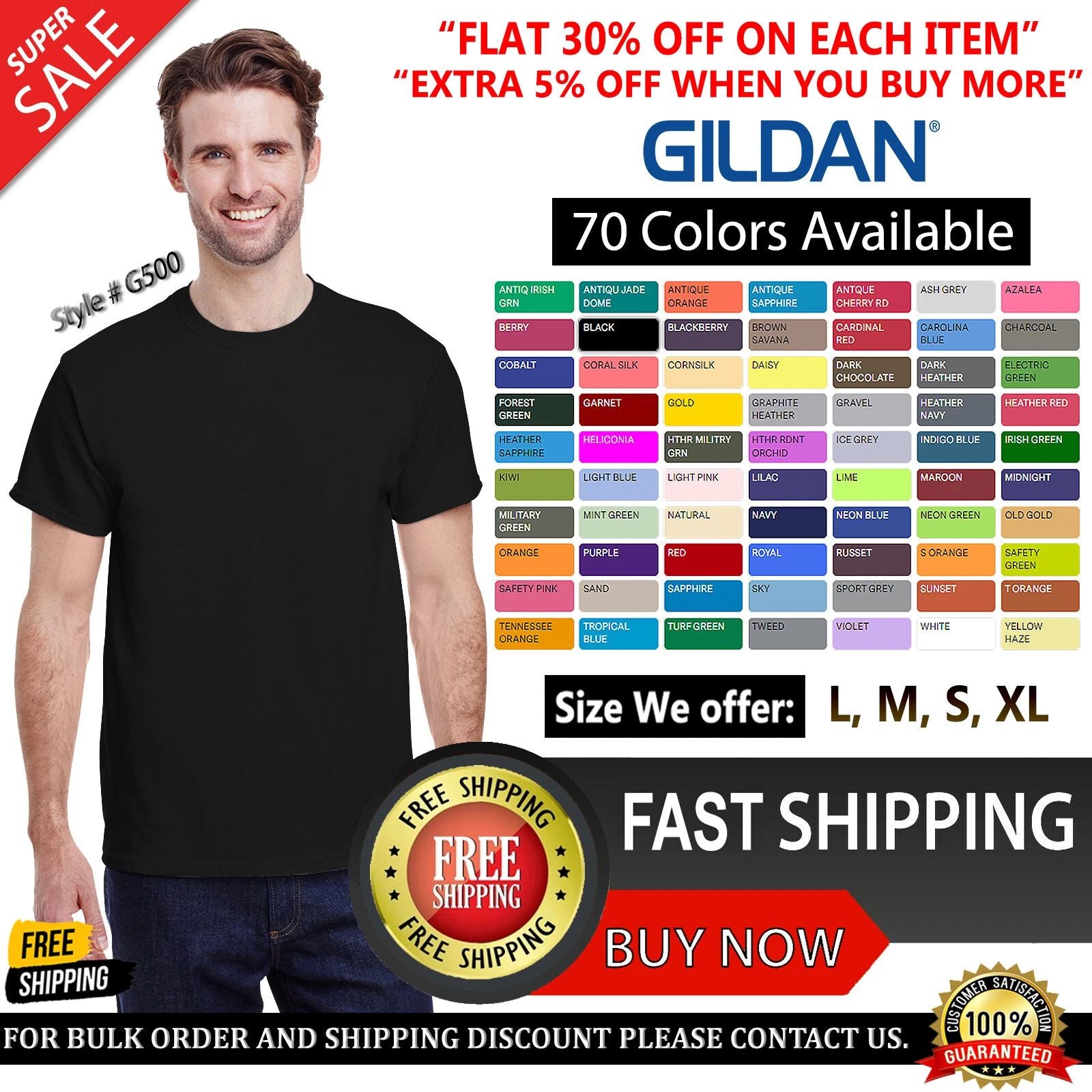 Gildan Mens G500 Solid Heavy Cotton Plain Short Sleeve Blank Casual Fit T-Shirt