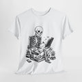 #31 Cute Skeleton Reading Tee, Halloween Shirt, Cute Graphic T-Shirt, Unisex Cot